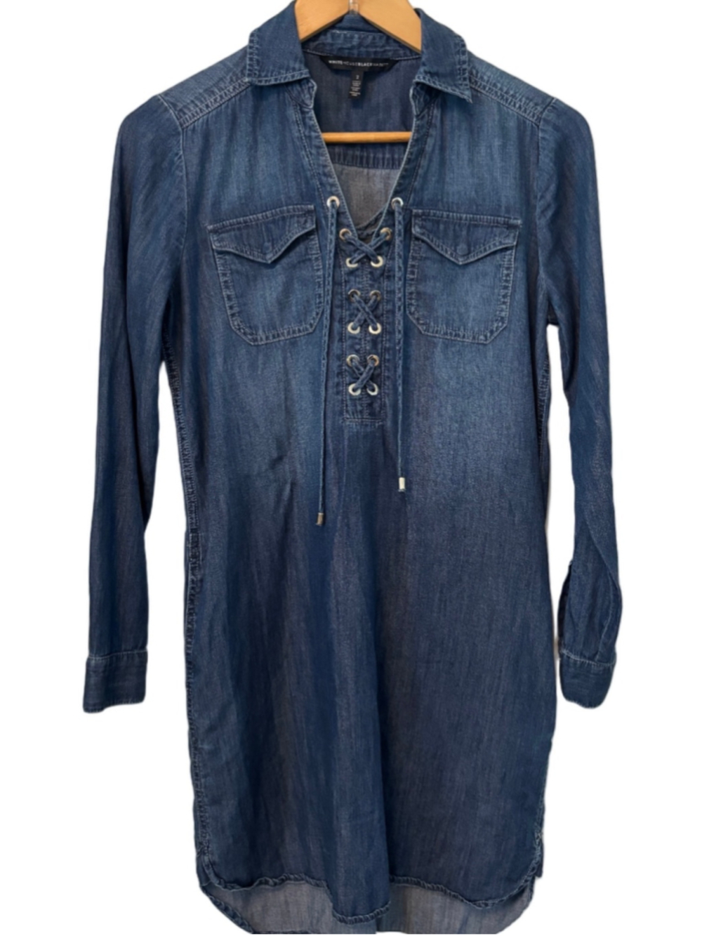 WHBM dk wsh chambray lace up shirt tail Drss WM 2